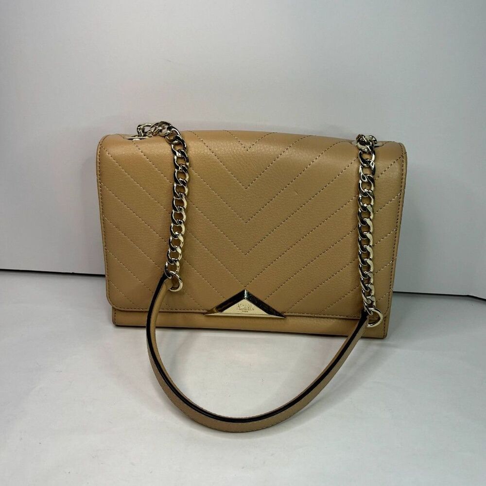 Karl Lagerfield Pebbled Leather Quilted Tan Shoulder Bag Gold Womens Designer